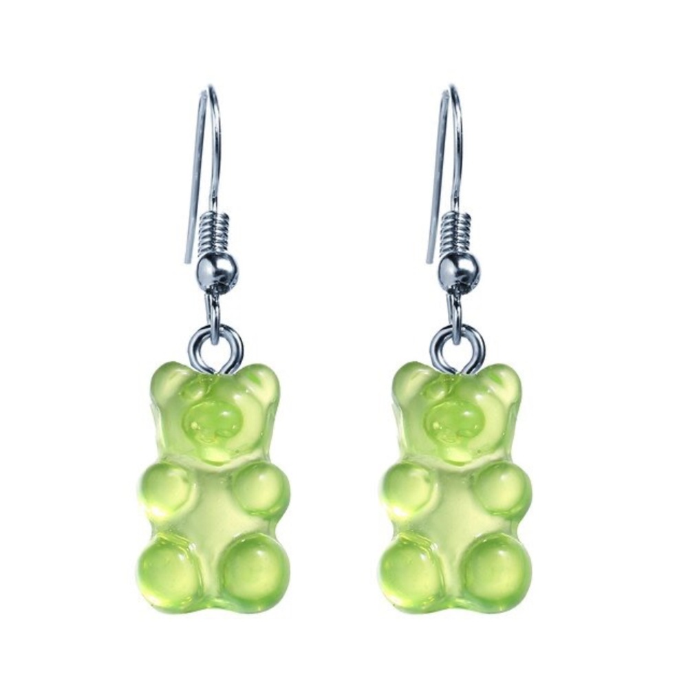 New Handmade Transparent Lime Green Sterling Silver Resin Gummy Bear Earrings